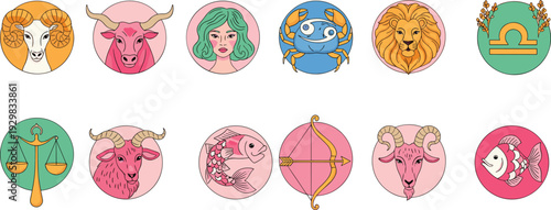 Colorful Twelve Zodiac Signs Vector Set with Flat Design Icons for Astrology Horoscope Predictions Mystical Celestial Symbols and Spiritual Graphic Design Element Illustrations