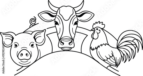 Farm animal line art vector set with cow pig and rooster heads, domestic livestock icons for organic butchery branding and rural agriculture logo design.