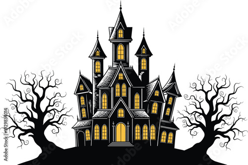 Gothic haunted Victorian mansion silhouette vector with glowing yellow windows, creepy dead trees on a dark hill for Halloween horror mystery party invitation background.