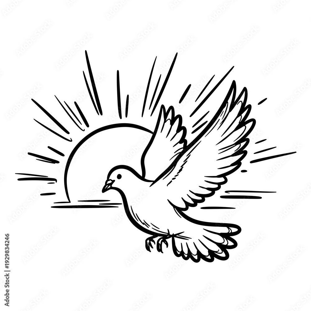 Obraz premium Dove flying with sun rays in background and sunset scene in a sketchy doodle style 