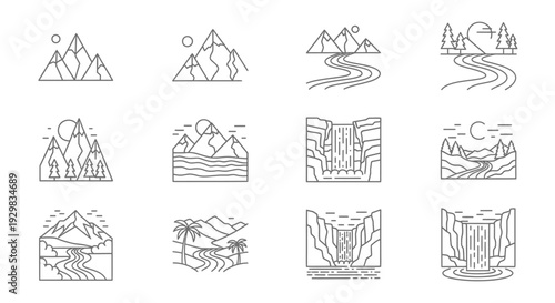 Collection of Simple Landscape Icons Outlined.