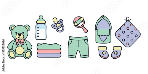 Baby accessories flat vector collection presenting colorful teddy bear, bottle, pacifier, rattle, clothes, and socks