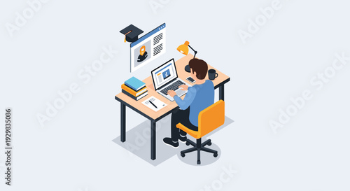 Student engaged in online learning at desk with laptop.