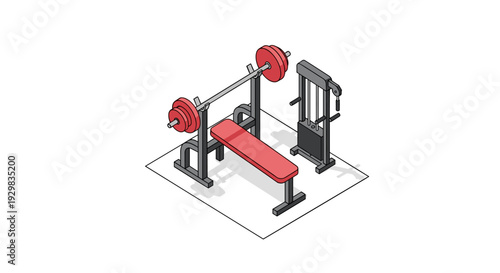 Isometric illustration of a gym bench press and weight machine.