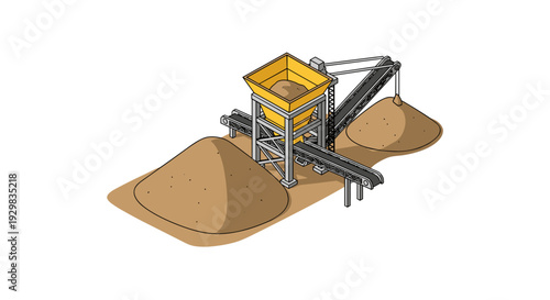 Isometric illustration of a sand and gravel processing plant with conveyor belts and piles of aggregate.