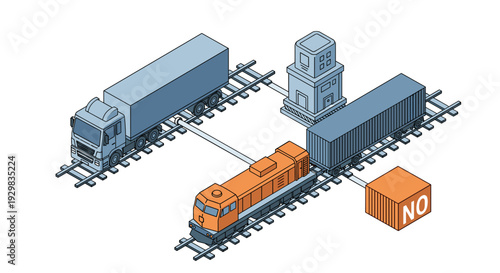 Isometric illustration of a train, truck, and cargo containers on tracks.
