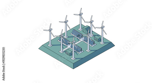 Isometric illustration of a sustainable energy park with wind turbines and solar panels.