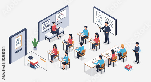 Isometric illustration of students learning in a modern classroom setting.