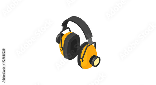 Isometric illustration of yellow and black industrial ear protection headphones.