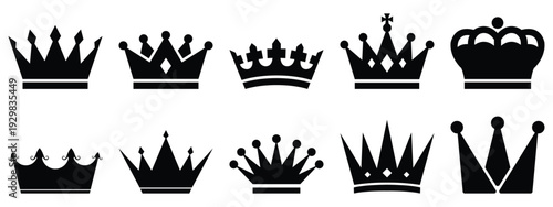 Black royal crown silhouettes and heraldic emblem icon setBlack royal crown silhouettes and heraldic emblem icon set