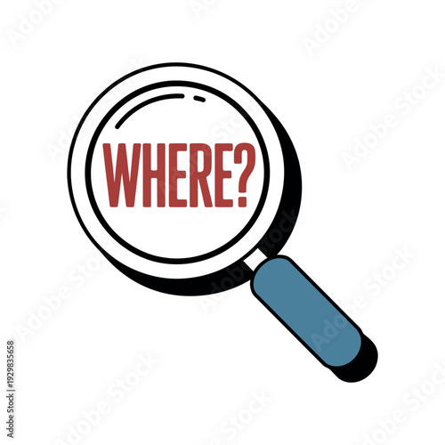 A cartoon magnifying glass with the word WHERE? written in red letters on a white background