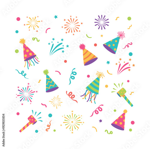 Celebration objects creating a colorful festive pattern. Party hats, fireworks, confetti, streamers, and noise makers decorating a white backdrop