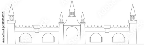 Architectural castle facades, modern high-rise elevations, arched portals, dining sections, curved roof structures, master plans, and fitness symbols.