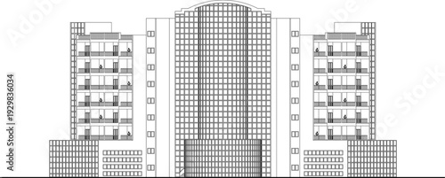 Modern high-rise elevations, arched portal facades, dining area sections, curved roof structures, isometric site views, master plans, and CAD symbols.