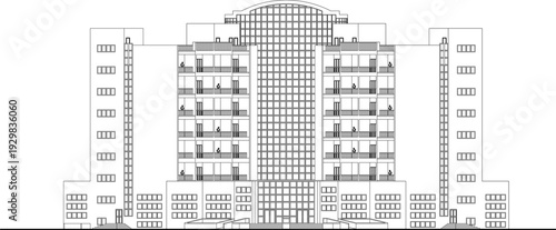 Modern high-rise facade, arched portal elevations, dining sections, curved roof structures, isometric site plans, master plans, and fitness symbols.