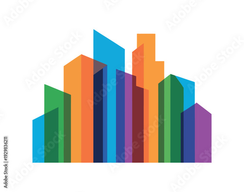 A colorful graphic illustration of a city skyline with modern buildings