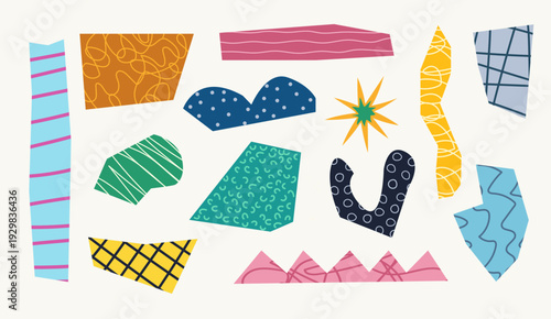 Abstract geometric shapes patches. Geometric cut paper collage vector set