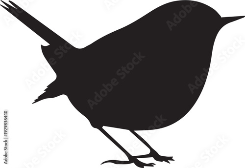 Tiny warbler bird singing perched on leafy branch silhouette.