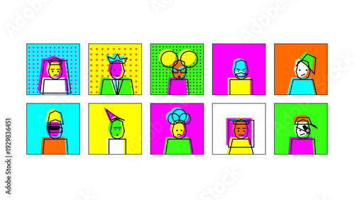 Vector set of colorful glitch style profile icons for web design and site entry. Abstract pop art avatars with offset print effect perfect for user accounts, social media login, and modern digital