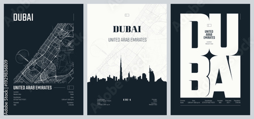 Detailed urban street plan city map Dubai the most populous city in the United Arab Emirates, Vector set of travel posters, Silhouette city skyline artwork, set 2