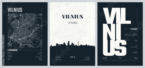 Detailed urban street plan city map Vilnius is the capital of and largest city in Lithuania in the Baltic states, Vector set of travel posters, Silhouette city skyline artwork, set 2