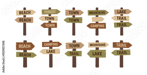 Numerous wooden signposts pointing towards different vacation destinations such as the beach, forest, town, mountains, lake, and trail