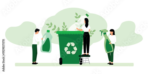 Sorting garbage by material and type in trash can. People collecting plastic trash into recycling garbage bin. Plastic pollution problem concept. Separation of waste on garbage cans for recycling