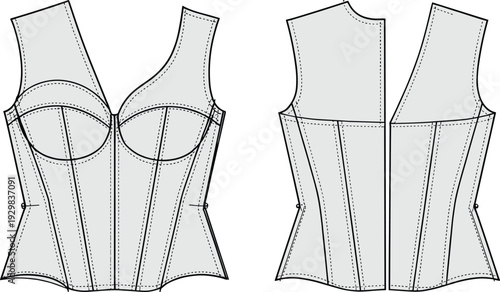 Technical fashion illustration of corset‑style top with defined cups, princess seams, fitted waist, paneled design, stitching details, garment construction drawing for apparel pattern making reference