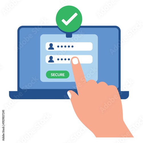 A hand interacting with a secure login screen on a laptop with a green checkmark