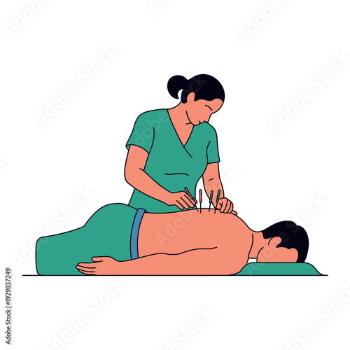 A woman in green scrubs performing acupuncture on a man lying on a treatment table.
