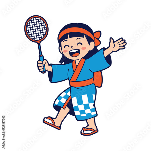 A young girl in a blue and orange outfit holding a tennis racket and smiling