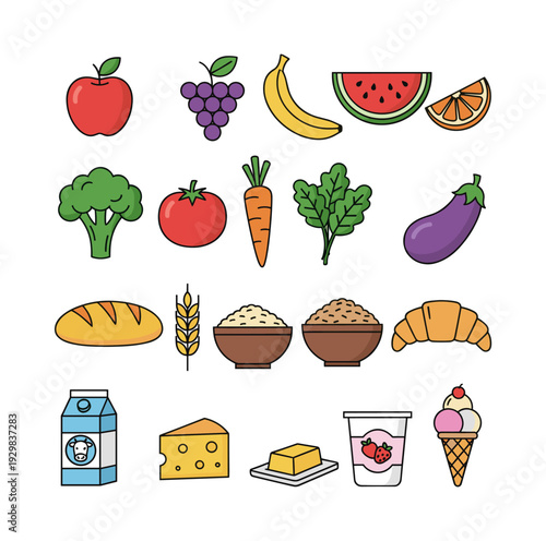 Food icons displaying essential nutrition groups like fruits, vegetables, grains, and dairy for balanced eating