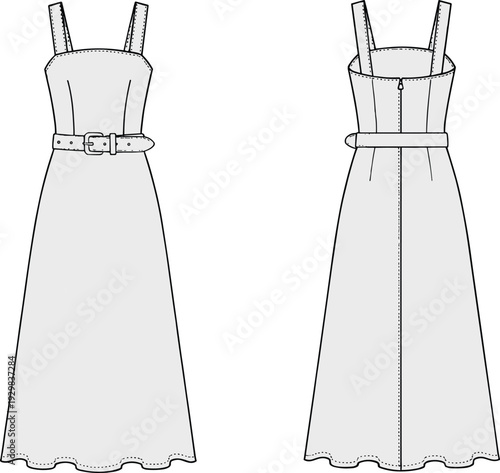 Technical fashion illustration of sleeveless belted dress with wide straps, fitted bodice, vertical seams, flared skirt, scalloped hemline, garment construction design for pattern making reference