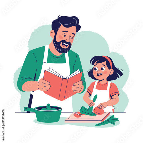 A man and a little girl cooking together in the kitchen with a recipe book