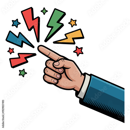 A cartoon hand pointing to colorful lightning bolts and stars on a white background