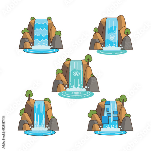 Set of stylized waterfalls illustrating flowing water cascading from rocks into pools, surrounded by trees