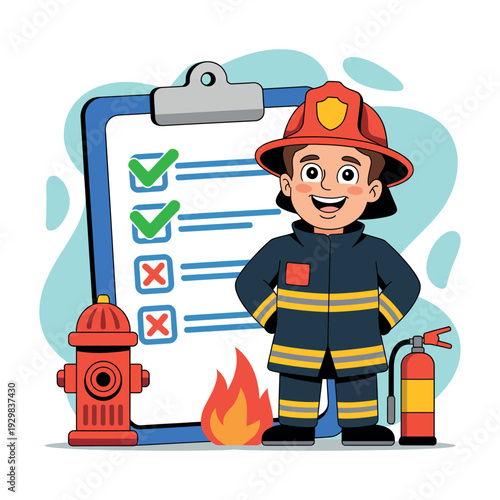 A cartoon firefighter standing confidently in front of a checklist on a clipboard with fire safety equipment.