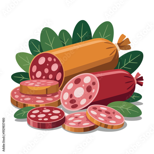 A colorful illustration of sliced salami and pepperoni sausages with green leaves
