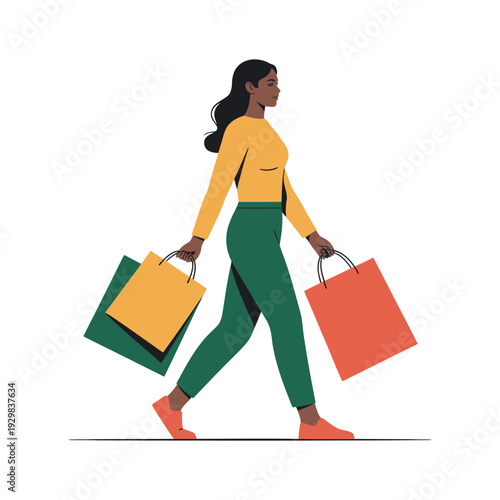 A young woman walking with colorful shopping bags in her hands on a white background