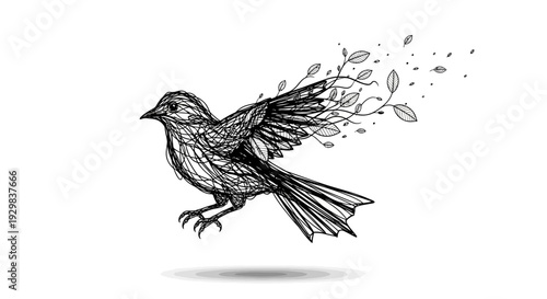 Bird in Flight with Leaves.