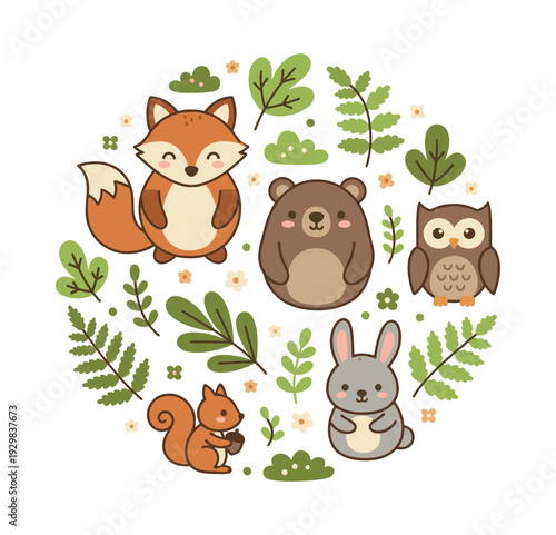 Cute woodland creatures and various plants forming a circular composition, perfect for playful design and children's themes