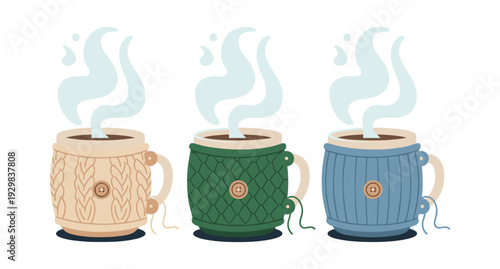 Three hot beverage mugs with knitted sleeves and buttons, creating a warm, cozy feeling for autumn and winter enjoyment