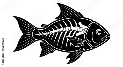 Black and white fish skeleton side view.