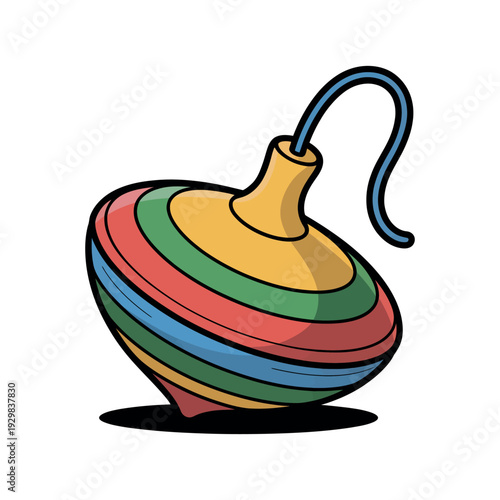 A colorful spinning top toy with a blue string on a white background