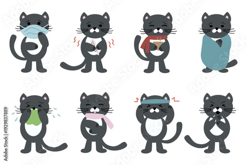 Set of cartoon characters of sick cats suffering from headache and cold fever, flat vector illustration isolated on white.