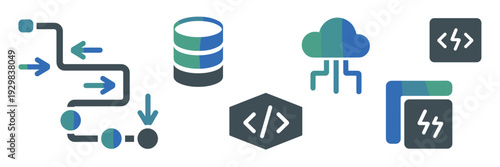 Vector data engineering icons with cloud server and code – Perfect for software documentation, IT service websites, or DevOps content.