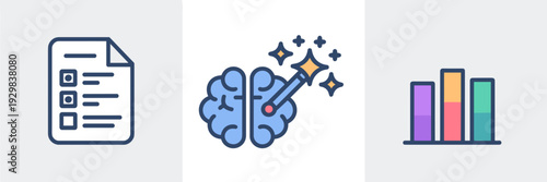 AI questionnaire builder icons with form and brain – Ideal for survey software, automated research, or education technology.