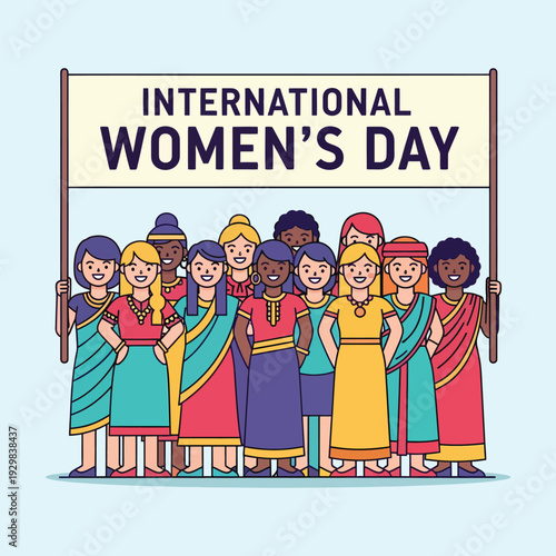 Multicultural group of women holding a banner for International Women's Day, representing global unity and solidarity.