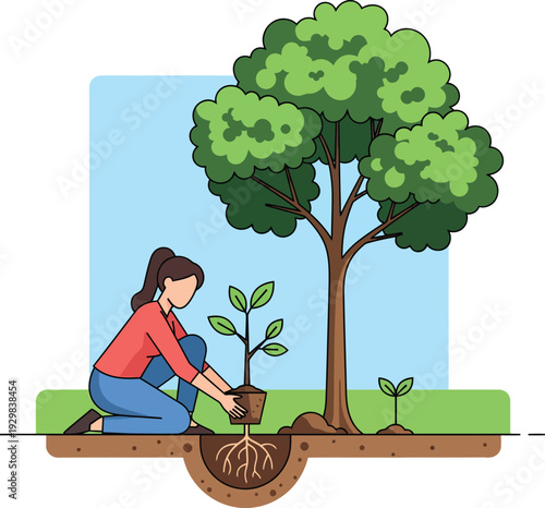 Woman planting a small sapling next to a large mature tree in a stylized garden setting with blue sky backdrop