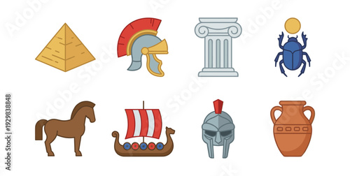 Set of flat vector icons depicting symbols of various historical cultures and ancient civilizations, representing history and discovery